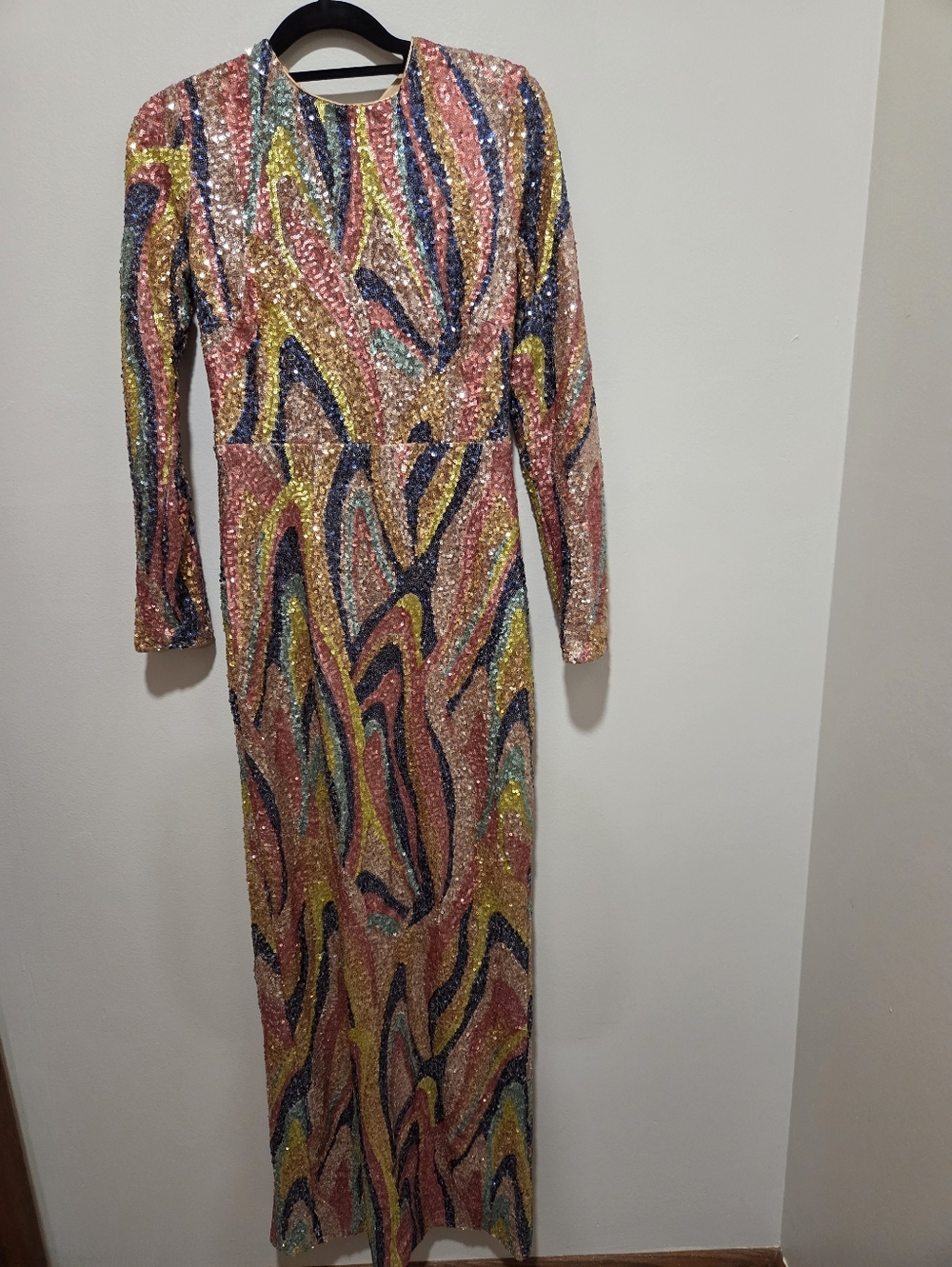 Aqua Sequin Multicolor Long Sleeve Maxi Dress
